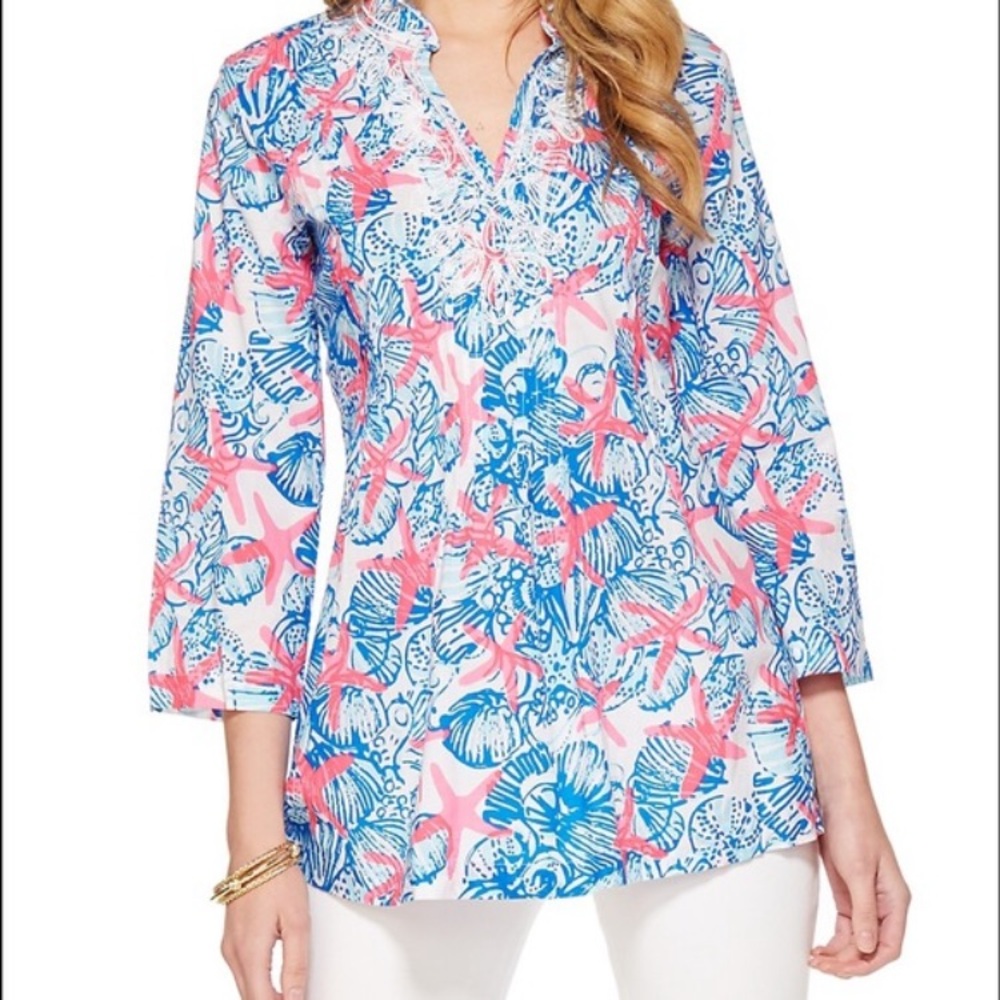 Lilly Pulitzer Sarasota Resort She She Sells Print Starfish Tunic Beaded EUC